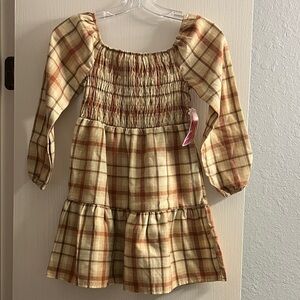 btween Plaid Smocked Dress with Long Sleeves